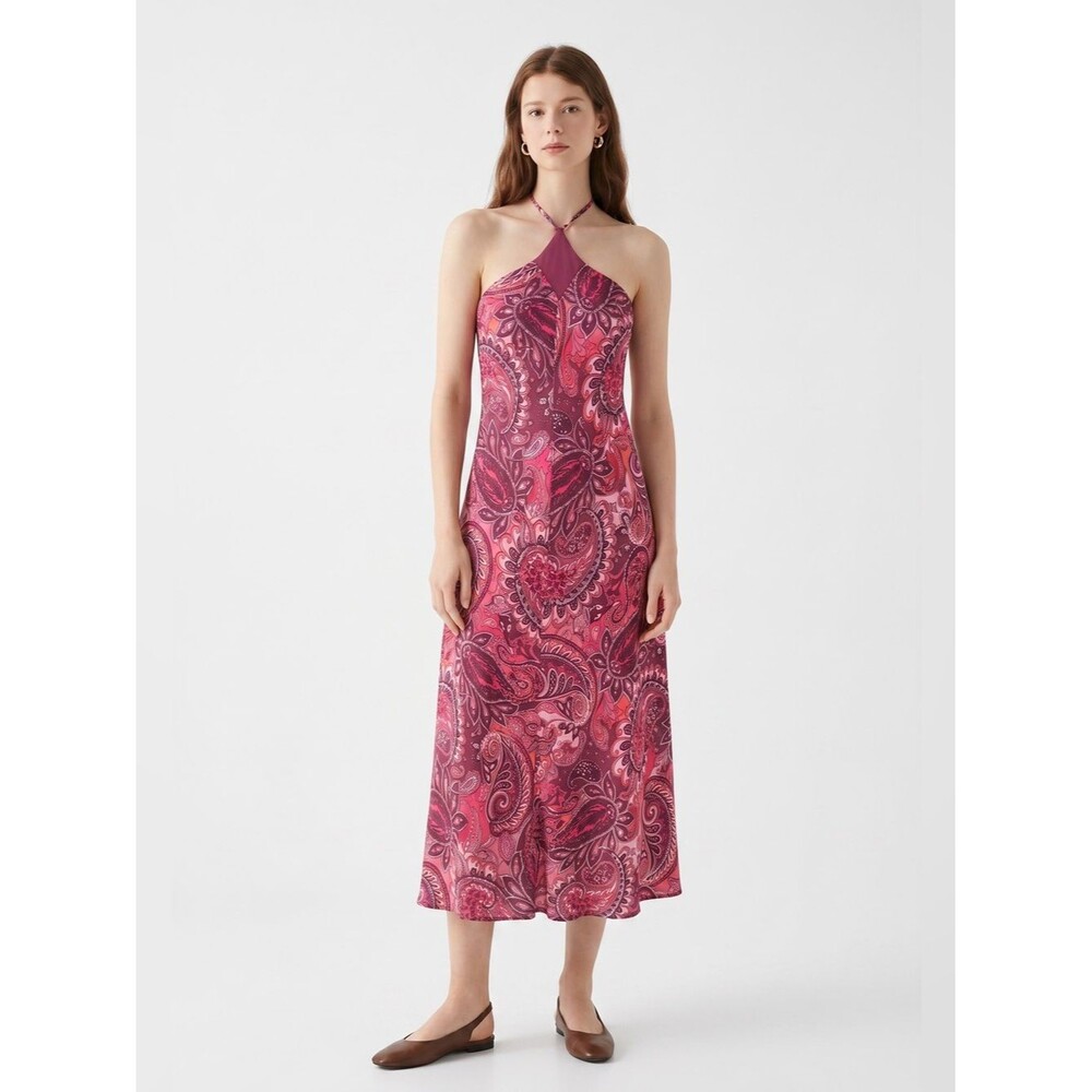 Banana Republic Vintage Y2K Feminine Pink Paisley Halter Midi Dress Size 12